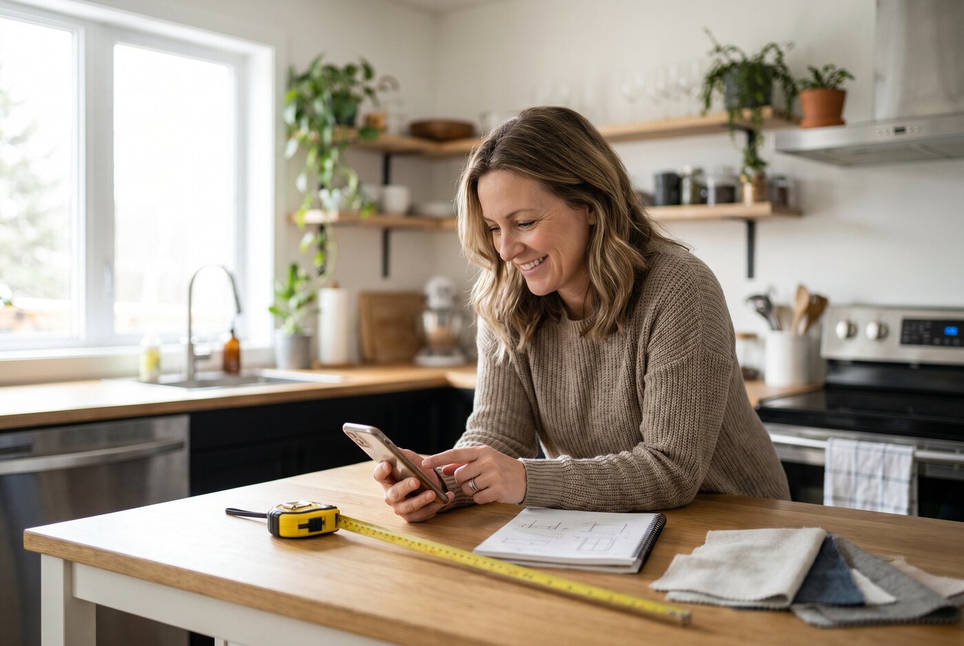Homeowner planning a kitchen renovation on her phone