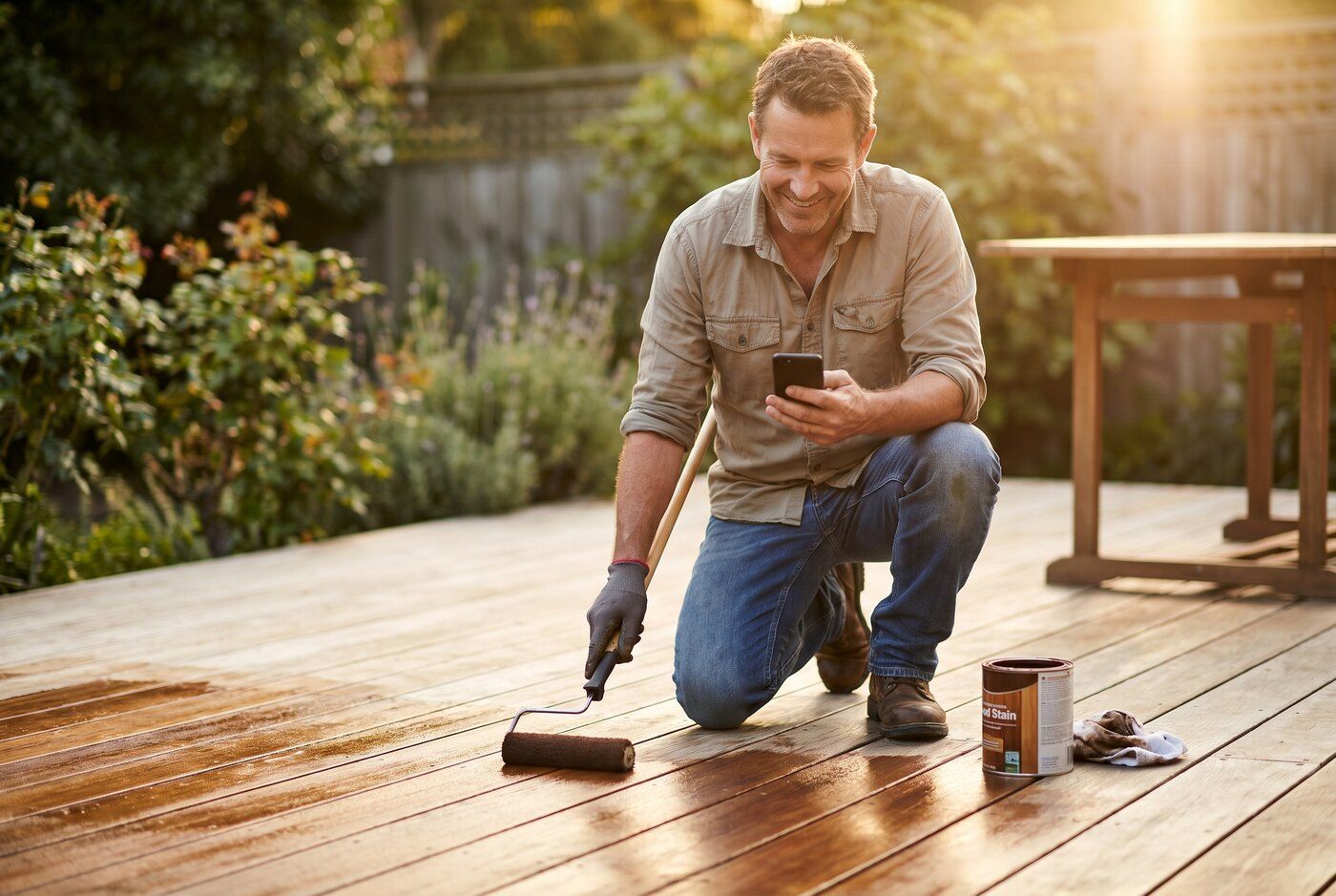 Homeowner staining a backyard wood deck, phone in hand