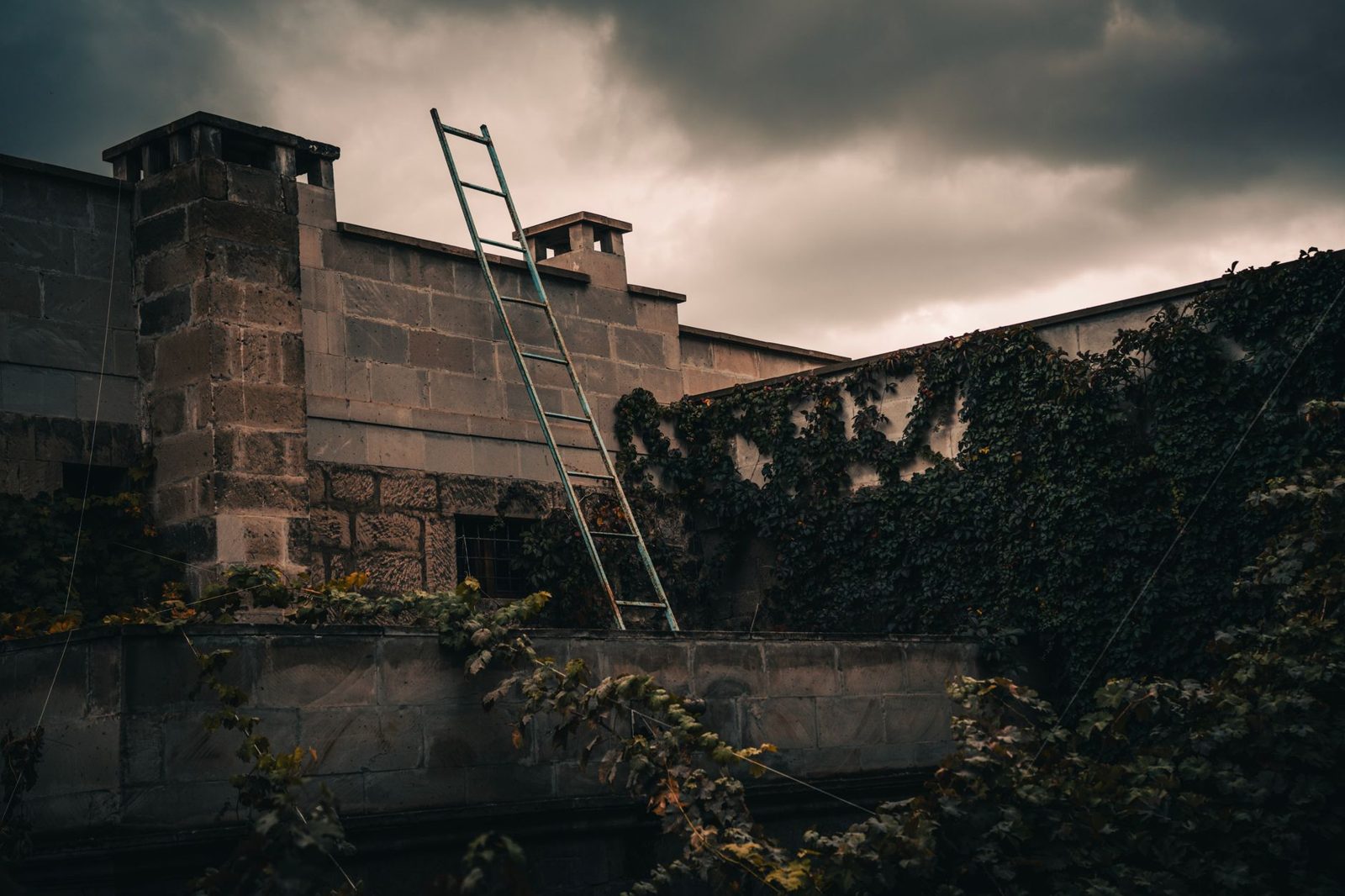 Una escalera extensible apoyada en una casa bajo un cielo nublado de otoño