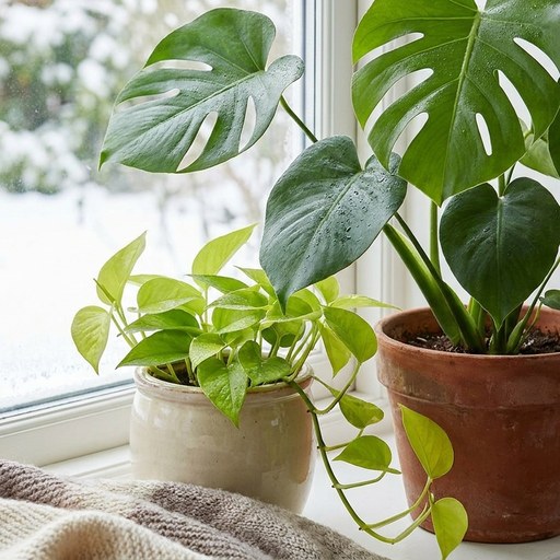 Houseplants on a bright windowsill in winter