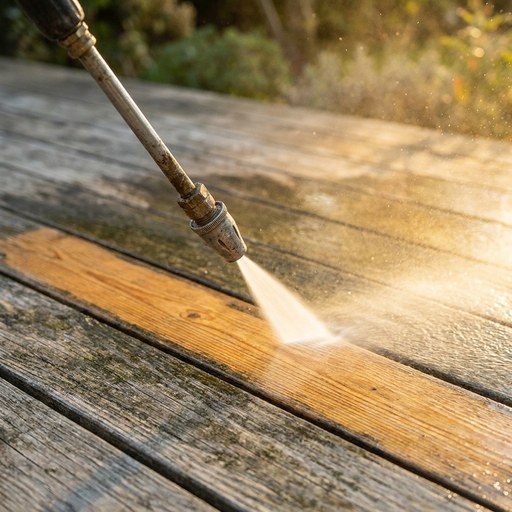 Lavadora de alta pressão limpando uma tábua de deck desgastada