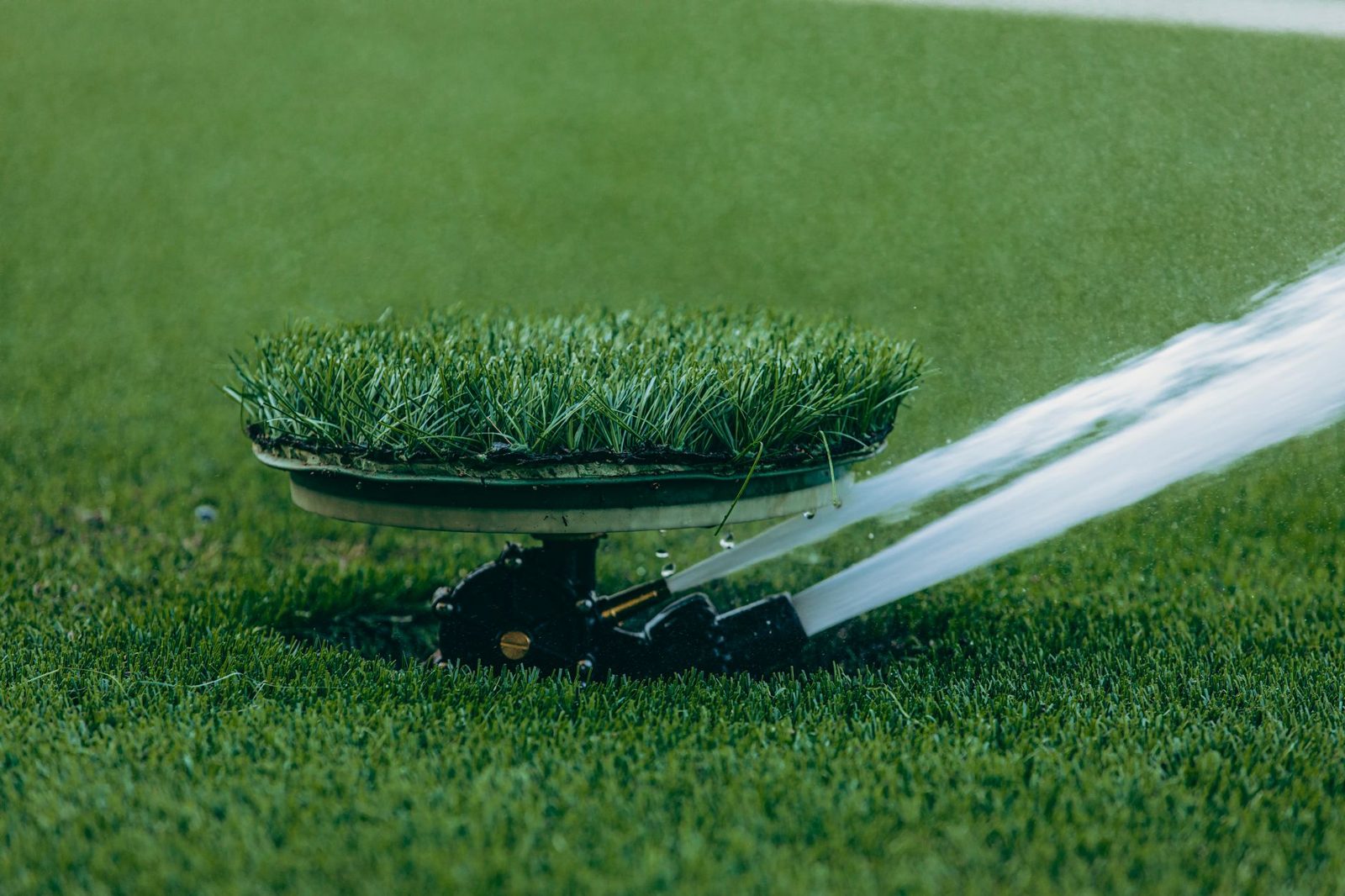 A lawn sprinkler head spraying water across green grass